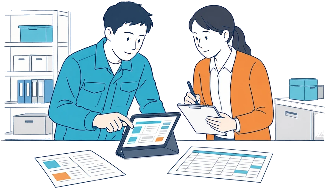 現場の担当者と一緒にタブレットで運用状況を確認し、改善点を書き留めている