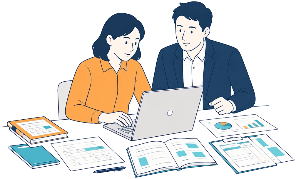 テキストと業務データを開き、受講者と講師が一緒に手を動かしている