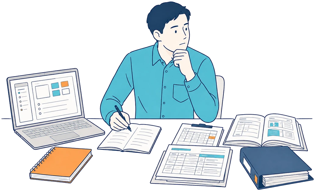 テキストとノートを前に、学んだ内容を自社の業務にどう当てはめるか考え込む受講者