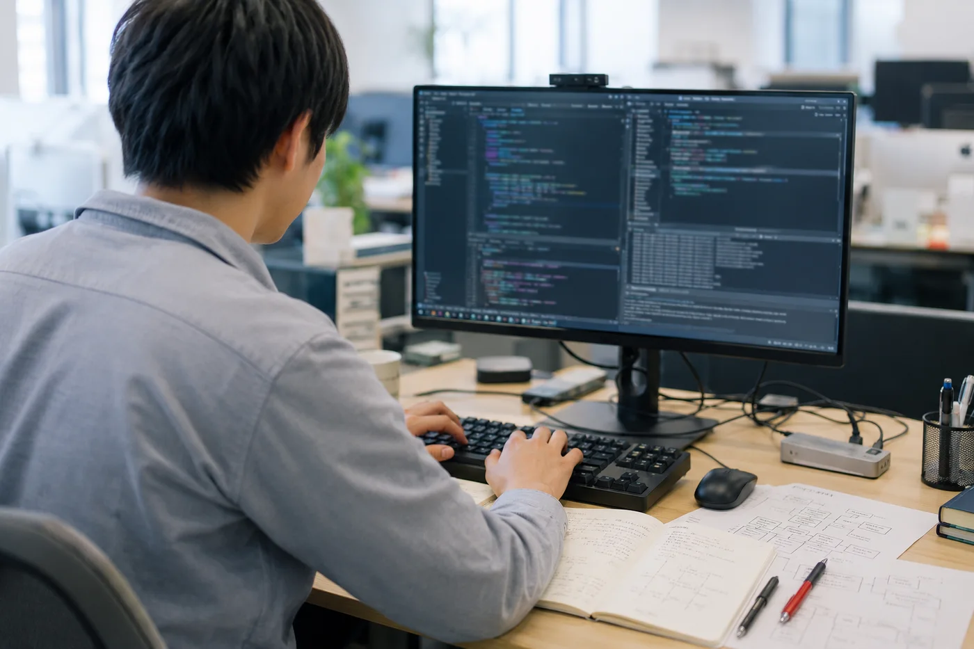 開発環境でAIエージェントの処理フローとコードを確認するエンジニア