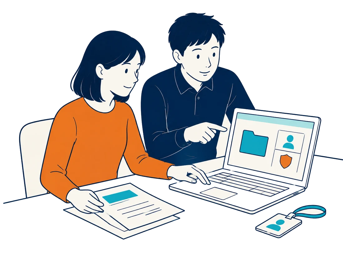 セキュリティを確認しながら、社内データとAI基盤の構成を2人で設計している
