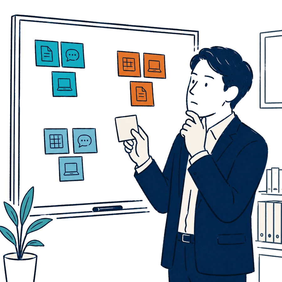ホワイトボードに並ぶ複数の業務のうち、どれから着手するか決めきれずに考え込む担当者